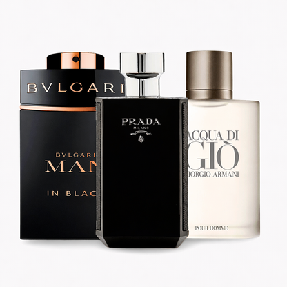 Combo de 3 perfumes: Bvlgari Man in Black, Acqua di Giò de Giorgio Armani, L'Homme Prada Intense de 100 ml
